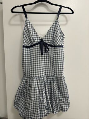 Hollister Navy and White Gingham Tie-Front Cami Romper